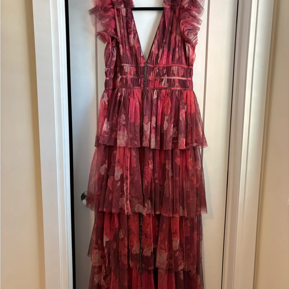 Women's Lace & Beads Red Tiered Floral Tulle Dress - Picture 6 of 6